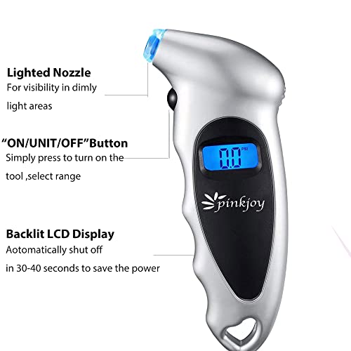 PINKJOY Digital Tire Pressure Gauge 4 Pack 150 PSI, 4 Settings, Tire Gauge for Car, Truck, Motorcycle, Bicycle with Backlit LCD and Non-Slip Grip (Silver) - color: Silver 4 Pack