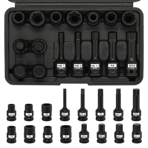 Mayouko 16PCS 1/2" Drive Impact Brake Special Caliper Socket Set, 5PT 7PT 10PT M14 M18 & Hex Sockets Compatible for Audi/VW/Ford/Porsche/Benz/BMW/Mazda