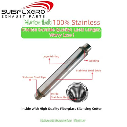 Exhaust Resonator, Straight Gasflow Design, Quiet and Deep Sound Muffler, Made of 100% Stainless (2.5X18/22) - size: 2.5X18/22