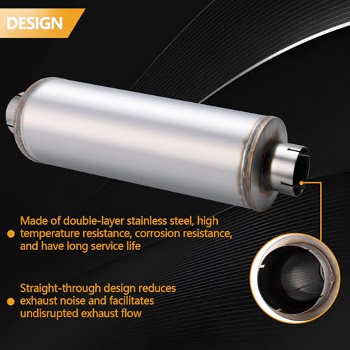 5 Inch Exhaust Muffler with Clamp, 5" Inlet/Outlet 30" Overall Length Resonator, Stainless Steel Straight Through Design Performance Muffler with Clamp, 1 PC - size: 5'' inlet, 8'' body width