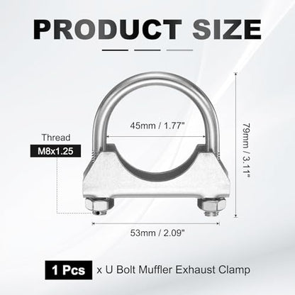 HARFINGTON U Bolt Muffler Exhaust Clamp 45mm/1.77" 304 Stainless Steel U-Bolt Clamps Muffler Tip Hook Saddle Exhaust Clip for Tip Pipes Connection - size: 45mm