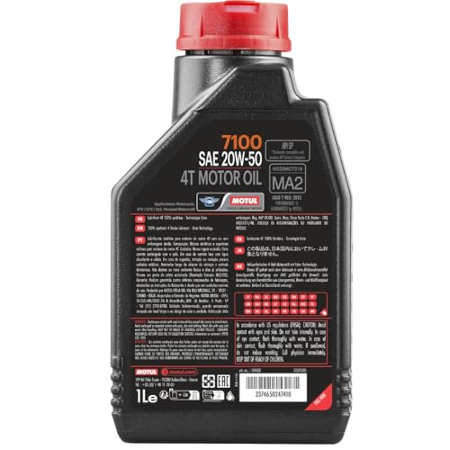 Motul 7100 4T 20W-50 Full Synthetic Motorcycle Oil for V-Twin Harley Davidson Engines, Ester Technology for Smooth Shifting, JASO MA2 Wet Clutch Compatible, API SP Certified 1L - color: 20W-50, size: 1L