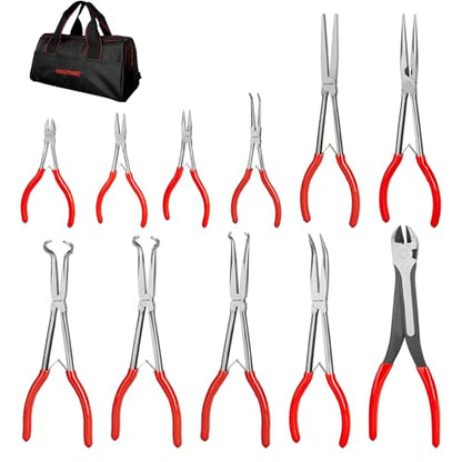 HAUTMEC Extra Long Needle Nose Pliers Set, 11PCS Long Reach Pliers Include 6-7" & 11" Straight, Circle Nose, Diagonal, Flat Nose, Bent Nose Plier for Narrow Spaces, Automotive & DIY Repairs - color: 11pcs Long Plier Set