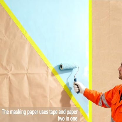 4 Rolls Pre-Taped Masking Paper for Painting, Tape and Drape Painters Paper, Paint Adhesive Protective Paper Roll for Covering Skirting, Door Frames, Cars (6 Inch x 50 Feet)