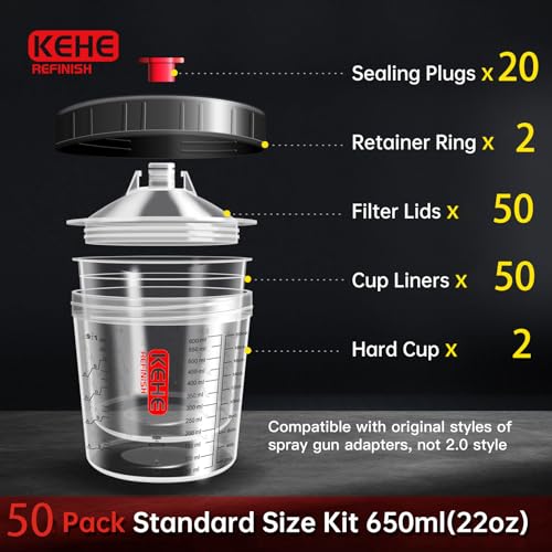 Disposable Paint Cups for Spray Gun,Mixing Cups 20 Ounce (600ml) Kit with 50 Cups and Lids with Strainer System for HVLP&LVLP,2 Hard Cups with Retainer Ring,20 Plugs,3 Caps,2 Adapters,1 Wash Bottle - size: 20 oz (Standard)-50Pack