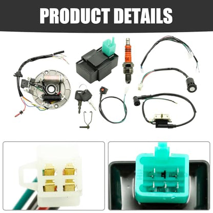 EATAKWARD ATV Rebuild Kit Wire Harness Kit, Start Dirt Pit Bike Wire Harness 2 Coil Magneto stator Plate CDI Replacement for 4 Stroke 50cc 70cc 110cc 125cc 90cc Magneto Spark Plug