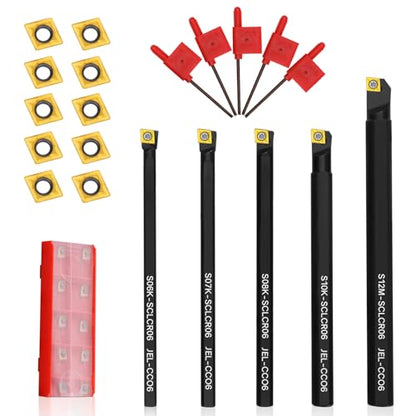 S06K/S07K/S08K/S10K/S12M-SCLCR06 Indexable Lathe Turning Tool 15Pcs Kit, 5Pcs Metal Lathe Tools Holder Set, with 10Pcs CCM21.51/CCMT060204 Carbide Inserts Turning Inserts Carbide Turning Tool - style: 5pcs SCLCR06 Shanks+10pcs Inserts