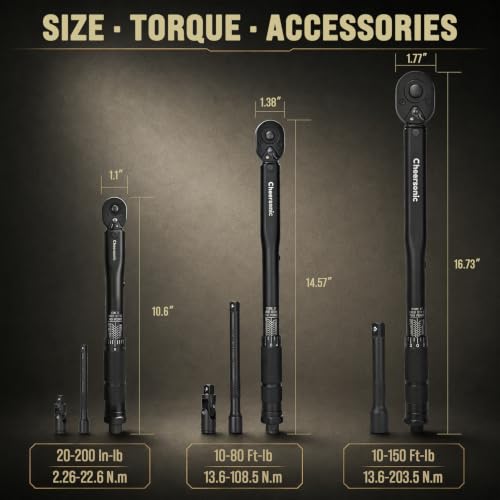Torque Wrench Set 1/4" 3/8" 1/2" Drive 20-200 In.lb 10-80 / 10-150 Ft.lb - size: 1/4" 3/8" 1/2" Inch
