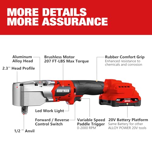 Alloyman 20V Brushless Right Angle Impact Wrench, 1/2", 207 FT-LBS(280.NM)