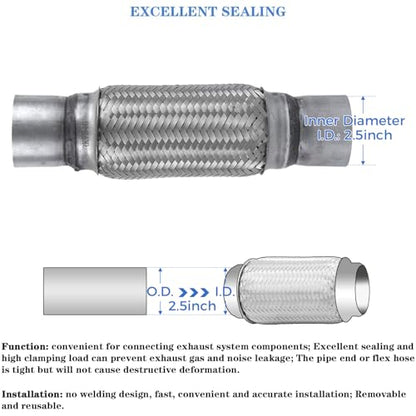 Exhaust Flex Pipe 2.5" Inlet 12" Length Heavy Duty Stainless Universal - size: 2.5"x8"x12"