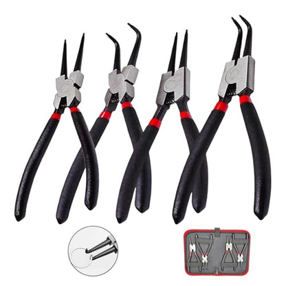 4PC 7" Snap Ring Pliers Set, Internal/External Circlip Pliers Kit with Straight+Bent Jaw Tips, Heavy Duty C Clamp Pliers for Automotive Tools
