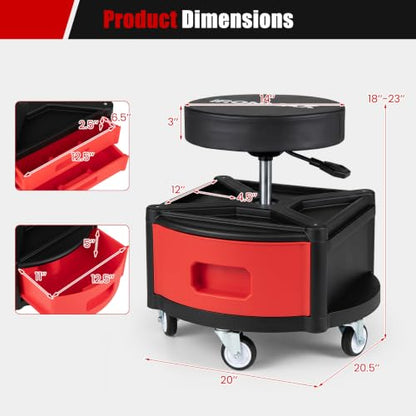 Goplus Rolling Mechanic Stool with Cushioned Seat, 3 Drawers - color: Red, size: Tool Chest