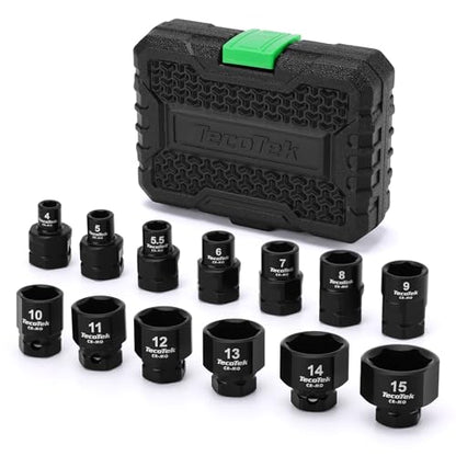 TecoTek 13-Piece 1/4-Inch Drive Metric Low Profile Impact Socket Set, Stubby Socket Set, 4mm to 15mm, No Skips Sizes, 6 Point, Cr-Mo, Shorter Socket for Tight Areas - size: 4mm - 15mm(1/4" Dr.)