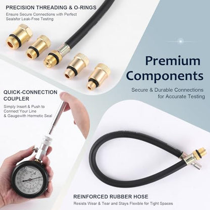 Engine Compression Tester Kit 8PCS, 0-300 PSI Cylinder Pressure Test Tool for Gasoline Engines on Cars, Motorcycles, ATVs & Small Engines with Dual Scale Gauge and Adapters (Black-8PC)