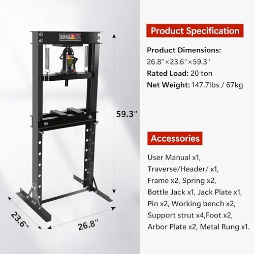20 Ton Hydraulic Shop Press – Heavy-Duty H-Frame Floor Press with Adjustable Worktable, Stamping Plates – for Bending, Straightening, Installing Bearings & U-Joints – Garage & Workshop Tool