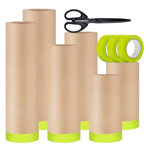 Masking Paper, 6 Rolls Automotive Paint Paper Roll with Tape, Assorted Sizes Tape and Drape, Paint Masking for Painting Car and Auto Body,Floor Protection, Wall Covering(6in 12in 18in)