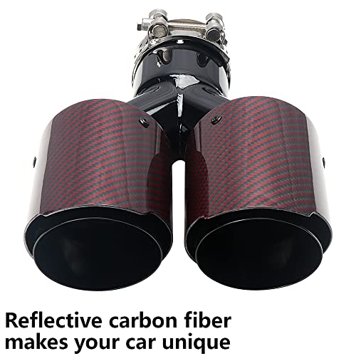 A-KARCK Carbon Fiber Exhaust Tip 2.5" Inlet to Dual 3.5" Outlet, High Temperature Resistance 9.8" Long Stainless Steel Tailpipe tip (Black Pipe and Red Shell)