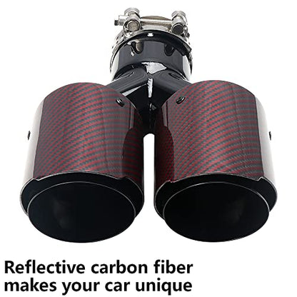 A-KARCK Carbon Fiber Exhaust Tip 2.5" Inlet to Dual 3.5" Outlet, High Temperature Resistance 9.8" Long Stainless Steel Tailpipe tip (Black Pipe and Red Shell)