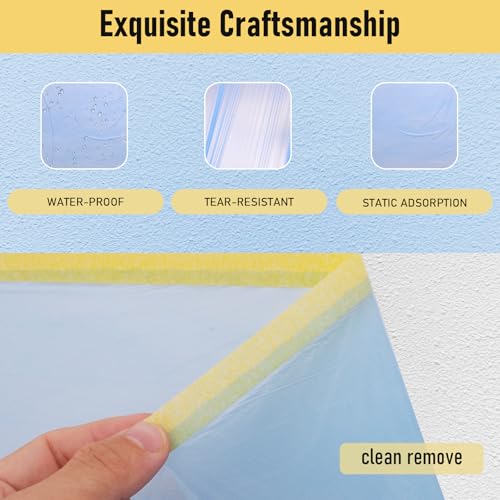 10 Rolls Pre-Taped Masking Film, 20" x 50', Static Cling HDPE Plastic