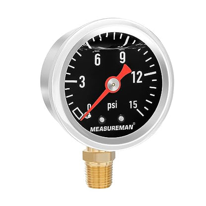 MEASUREMAN 1-1/2" Dial Size Black Dial, Glycerin Filled Fuel Pressure Gauge, 304 Stainless Steel case, 0-15Psi, -3-2-3%, 1/8" NPT Lower Mount - size: 0-15 psi, style: Lower Mount (Black Dial)