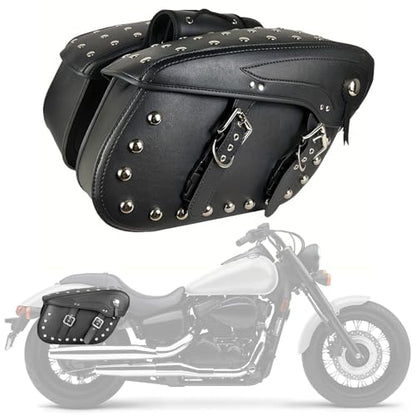 Pair of Motorcycle Saddlebags with Studded Rivet Design, 30L Large Capacity Water-Resistant PU Leather Bags, Quick-Release with Braided Straps