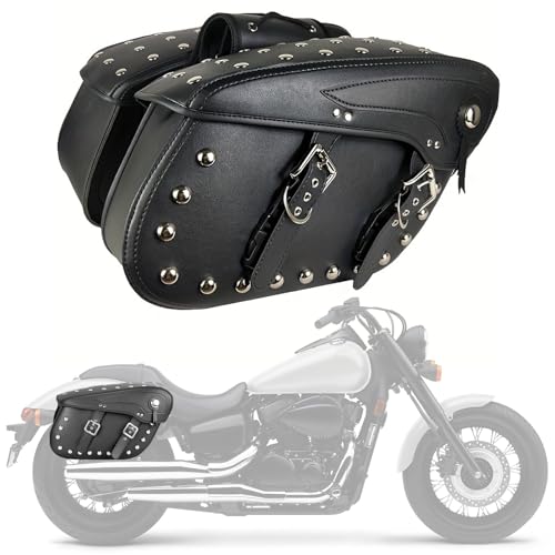 Pair of Motorcycle Saddlebags with Studded Rivet Design, 30L Large Capacity Water-Resistant PU Leather Bags, Quick-Release with Braided Straps