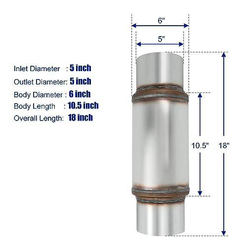 Exhaust Resonator 5" Inlet 5" Outlet Muffler 18" inch Overall - size: 5" Inlet 5" Outlet 18" Overall Length