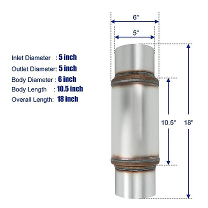 Exhaust Resonator 5" Inlet 5" Outlet Muffler 18" inch Overall - size: 5" Inlet 5" Outlet 18" Overall Length