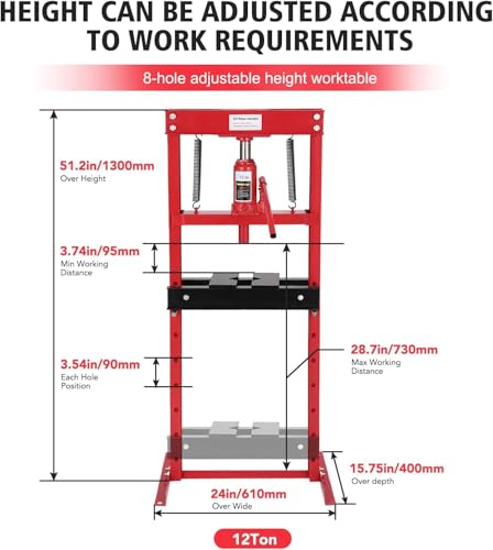 12 Ton h-Frame Hydraulic Shop Press, Heavy Duty Floor Type Press with Adjustable Press Plates for Bending, Straightening, Bearing Removal & Professional Automotive Repair - color: 12t-red+black