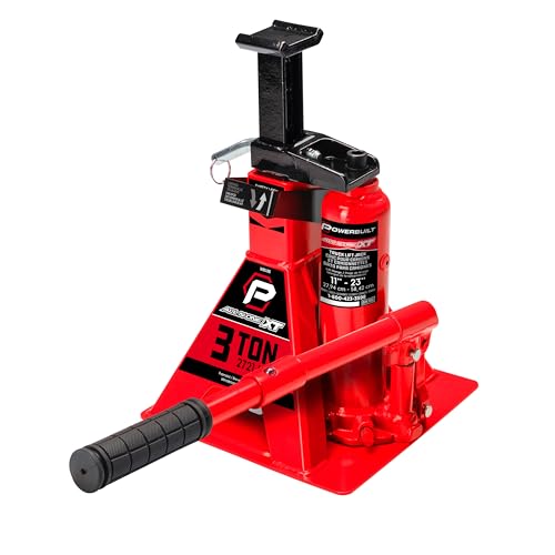 POWERBUILT 3 Ton All-in-One Hydraulic Bottle Jack and Jackstand in One, Compact, Wide Base, 11-21 Inch Range, Eliminates Jackstands, for Trucks, SUVs, RVs, Trailers, ASME, Not for Sedans - 640912 - color: Orange