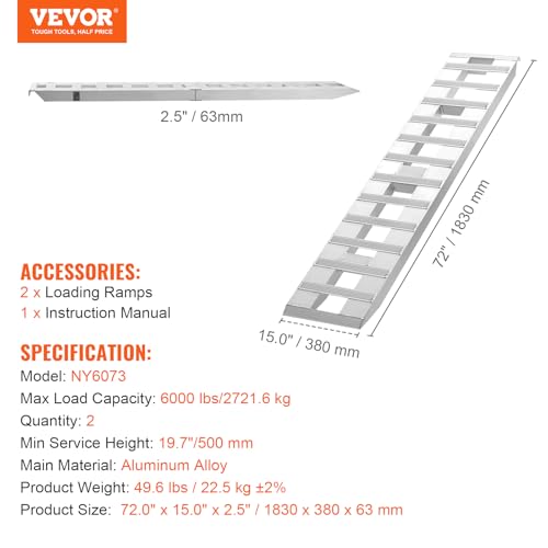 VEVOR Loading Ramps, 2 Pcs 72 x 15 in, Durable Aluminum and Heavy-Duty Trailer Ramp Set with Anti-Slip Plates, 6000 Lbs Combined Capacity, for Carts, Farm Tractors, ATVs, Lawn Mowers, Motorcycles - size: 6000 lbs