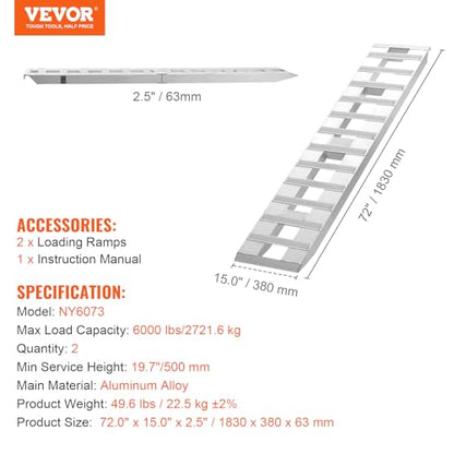 VEVOR Loading Ramps, 2 Pcs 72 x 15 in, Durable Aluminum and Heavy-Duty Trailer Ramp Set with Anti-Slip Plates, 6000 Lbs Combined Capacity, for Carts, Farm Tractors, ATVs, Lawn Mowers, Motorcycles - size: 6000 lbs