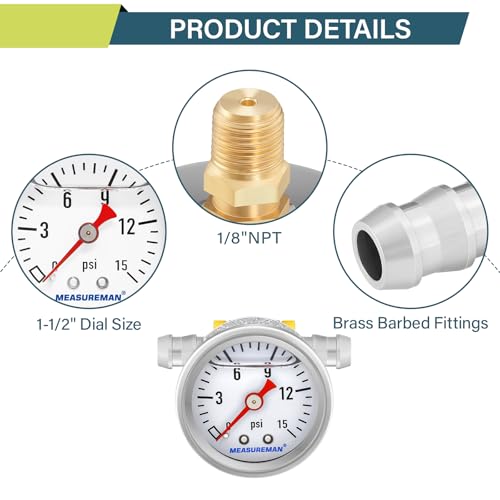 MEASUREMAN 0-15 Psi Glycerin Filled Fuel Pressure Gauge, 1.5” Dial, 304 Stainless Steel Case, 1/8” NPT Center Back Mount, with 3/8” Fuel Line Adapter, Copper Tube & Fittings, Red Aluminum Pointer - size: 0-15 psi, style: Back Mount (7 Pieces Kit)