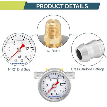 MEASUREMAN 0-15 Psi Glycerin Filled Fuel Pressure Gauge, 1.5” Dial, 304 Stainless Steel Case, 1/8” NPT Center Back Mount, with 3/8” Fuel Line Adapter, Copper Tube & Fittings, Red Aluminum Pointer - size: 0-15 psi, style: Back Mount (7 Pieces Kit)