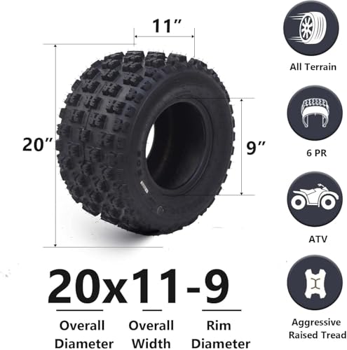 20x11-9 ATV Tires, All Terrain 6PR 20x11x9 ATV UTV Trail Mud Sand Off-Road Tires (Pack of 2, Tubeless) - size: 20x11-9