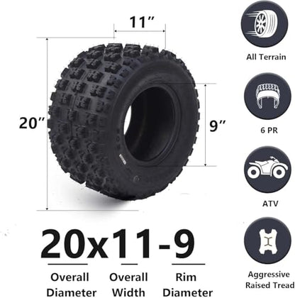 20x11-9 ATV Tires, All Terrain 6PR 20x11x9 ATV UTV Trail Mud Sand Off-Road Tires (Pack of 2, Tubeless) - size: 20x11-9