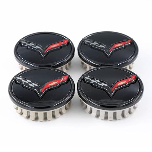 4Pc 2014+ C7 Corvette Stingray Center Caps w/Crossed Flag Logo Trim Set 23217059 (Black) - color: Black