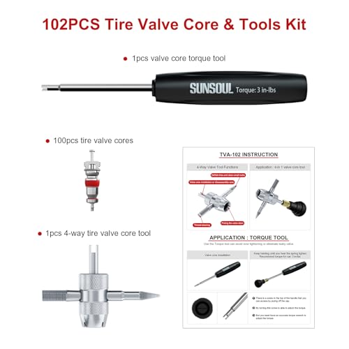 SUNSOUL 102PCS Schrader Tire Valve Cores with 4-Way Valve Core Removal Tool