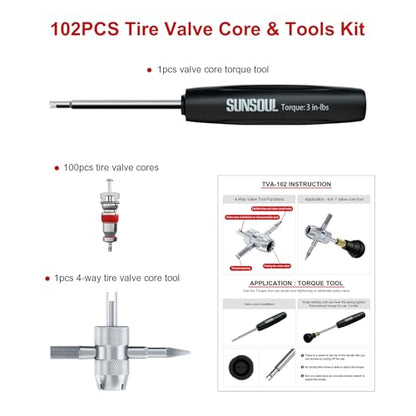 SUNSOUL 102PCS Schrader Tire Valve Cores with 4-Way Valve Core Removal Tool
