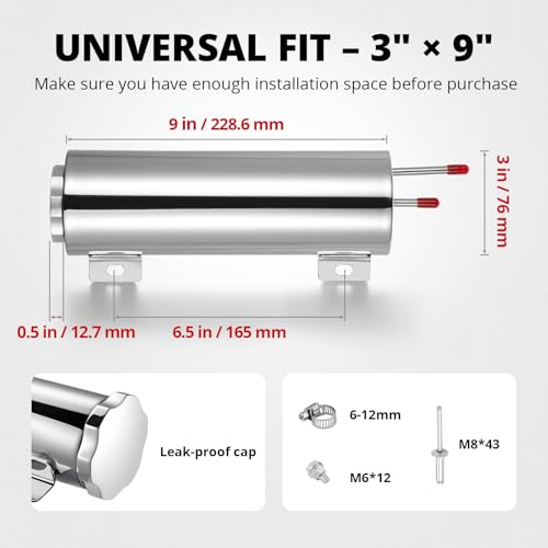 EVIL ENERGY Radiator Overflow Tank, Stainless Steel Coolant Reservoir Tank 3" x 9", Universal Coolant Expansion Tank with Cap, Polished Coolant Recovery Reservoir - size: 3"x9"