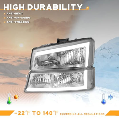 WEELMOTO LED Headlights Assembly for 2003-2007 Chevy Silverado - color: Chrome | LED Bar (White Light) | Clear Reflector