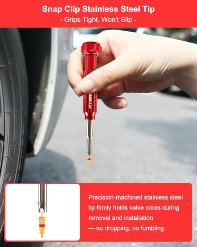 Valve Core Removal Tool Kit, Stainless Steel Snap-Clip Tip,Bearing-Assisted Rotation, Presta and Schrader Valve Removal Tool,4-in-1 Tool,Include 4 Cores & 4 Caps for Car Truck SUV Motorcycle Bike ATV
