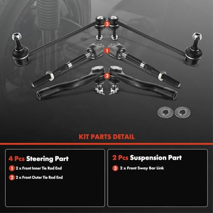 A-Premium 6Pcs Front Suspension Kit, Sway Bar Link, Inner Outer Tie Rod End