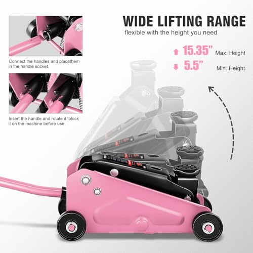 DNA Motoring Low Profile Hydraulic Trolley Service/Floor Jack, 1.5 Ton (3000 lbs) Capacity, Lifting Range 5.5"-15.35", Pink, TOOLS-00675-PK - color: Pink, style: 1.5 ton