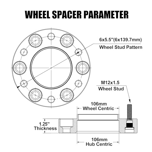 6x5.5 Hubcentric Wheel Spacers 1.25 Inch for 1995-2023 Tacoma 4Runner with Extend Lug Nuts, 6x139.7mm Forged Wheel Spacer with 106mm Bore 12x1.5 Studs for Tundra FJ Cruise Fortuner Sequoia GX460 GX470 - size: 1.25 Inch