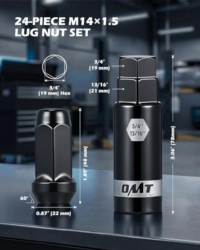 OMT M14x1.5 Lug Nuts with Cone Seat, 24pcs Lug Nuts Set with 1 Socket Key - color: Black, size: M14x1.5, style: 24Pcs Hex Tuner