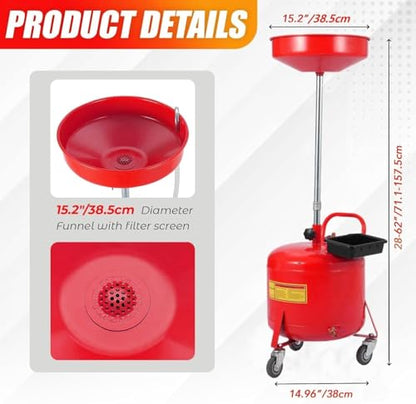 Garvee 8 Gallon Waste Oil Drain Tank, Portable Oil Drain Container, Air Operated Drainer, Fluid Fuel Transfer Drainage, Adjustable Funnel Height with Wheel &15'' Premium Bowl and a Toolbox - size: 8 Gallon-Red