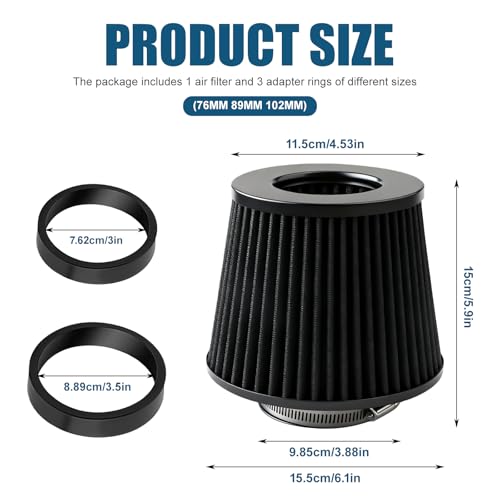 Universal Clamp-On Air Intake Filter, High Flow Closed-Top Cool Air Filter Cleaner, Tapered Cone Design, Washable & Reusable with 76 89 102 mm (3", 3.5", 4") Adapter Rings for Most Vehicles