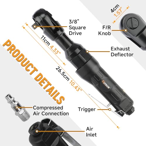 Hoteche 3/8" Air Ratchet Wrench, 88NM Torque Pneumatic Ratchet with 160RPM, Black, Color Box Packaging