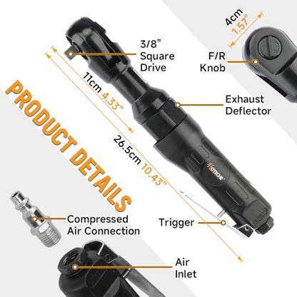 Hoteche 3/8" Air Ratchet Wrench, 88NM Torque Pneumatic Ratchet with 160RPM, Black, Color Box Packaging